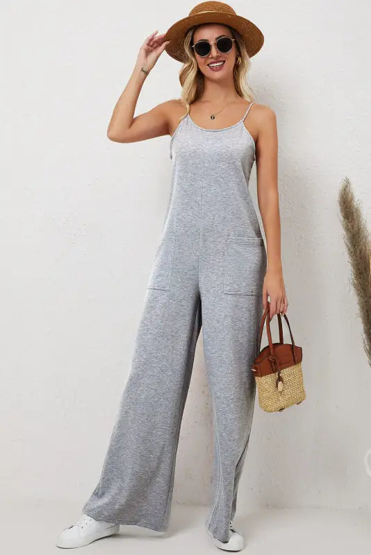 Black patch pockets spaghetti strap wide leg jumpsuit - bottoms