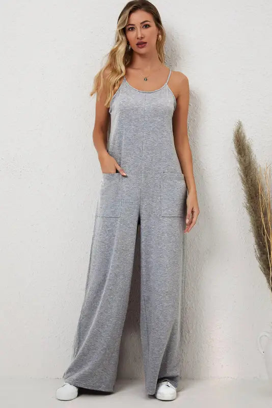 Black patch pockets spaghetti strap wide leg jumpsuit - bottoms