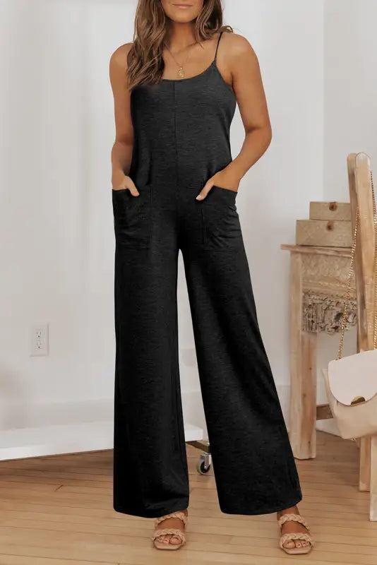 Black patch pockets spaghetti strap wide leg jumpsuit - bottoms