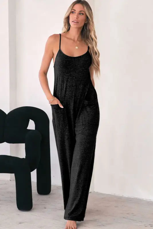 Black patch pockets spaghetti strap wide leg jumpsuit - bottoms