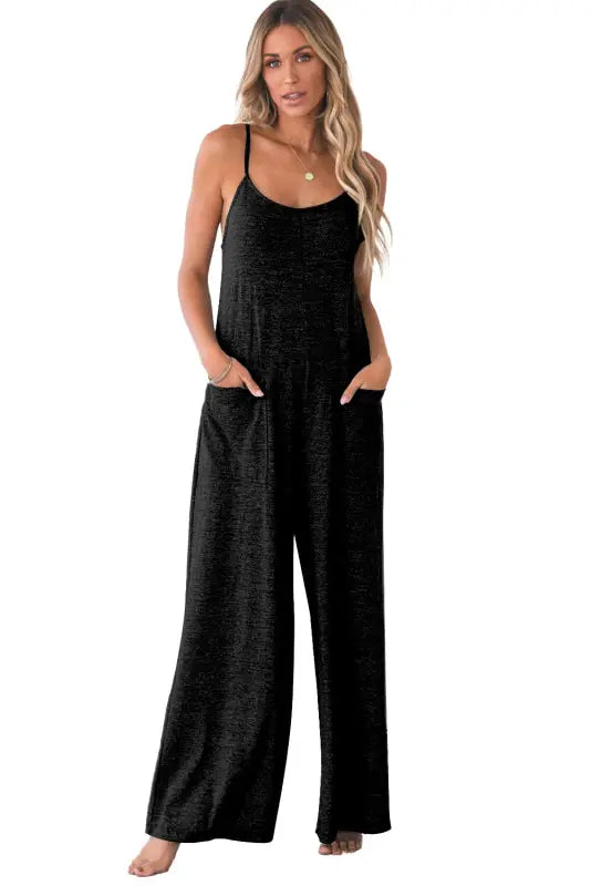 Black patch pockets spaghetti strap wide leg jumpsuit - bottoms