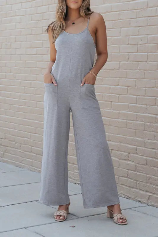 Black patch pockets spaghetti strap wide leg jumpsuit - bottoms