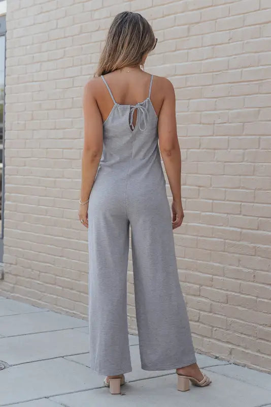 Black patch pockets spaghetti strap wide leg jumpsuit - bottoms