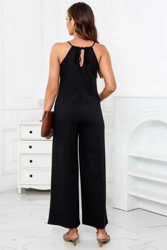 Black patch pockets spaghetti strap wide leg jumpsuit - bottoms