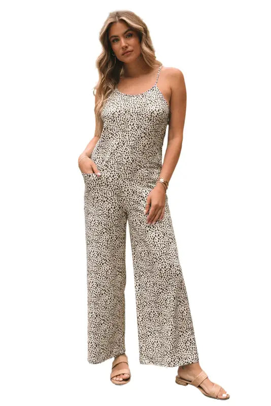 Black patch pockets spaghetti strap wide leg jumpsuit - bottoms