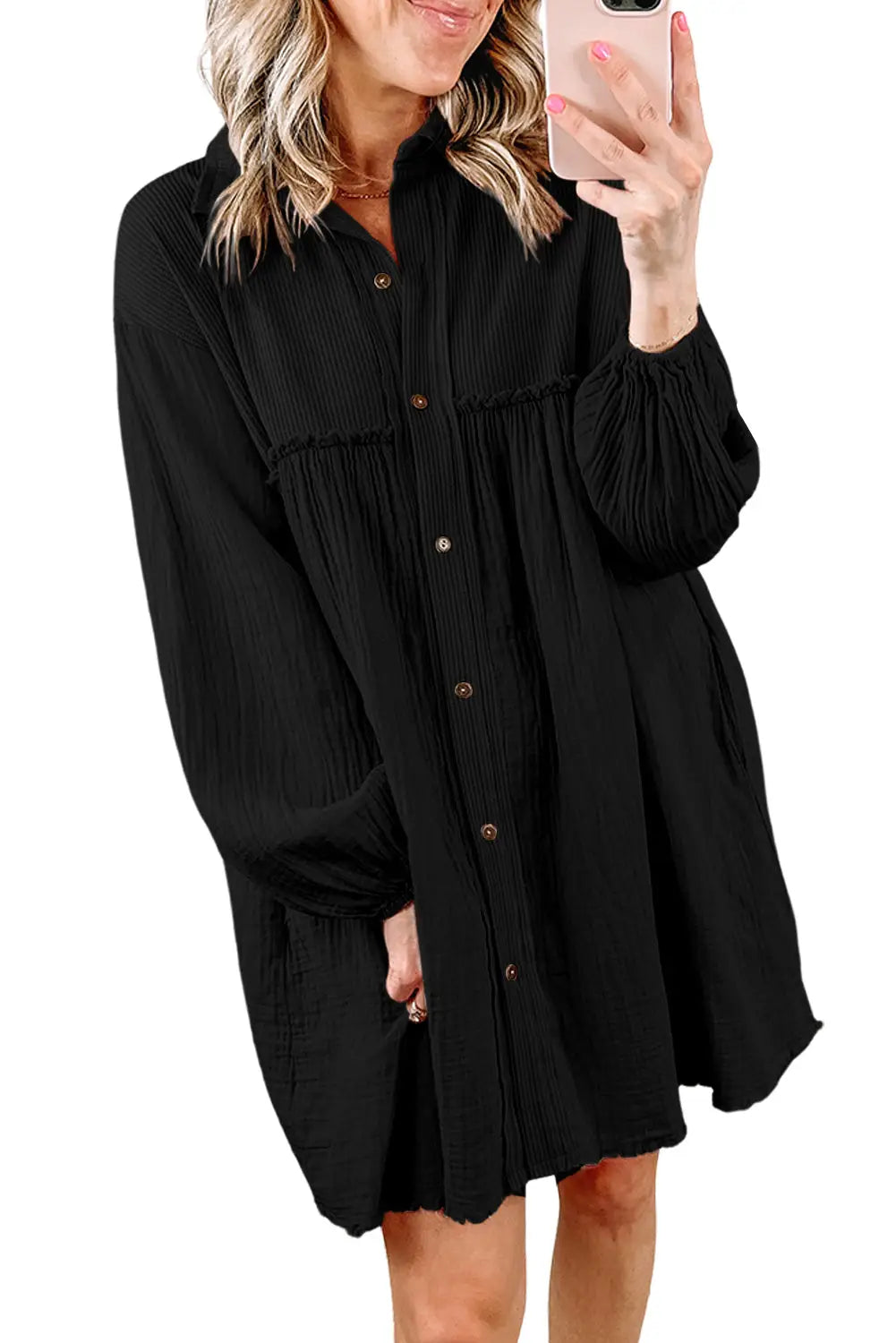 Black patchwork crinkle puff sleeve shirt dress - mini dresses