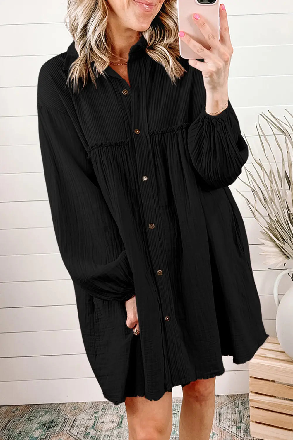 Black patchwork crinkle puff sleeve shirt dress - s / 100% cotton - mini dresses