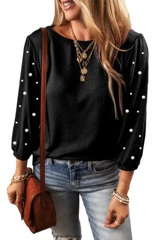 Black pearl decor 3/4 sleeve crew neck t shirt - t-shirts