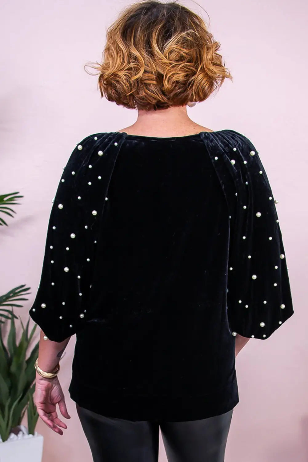 Black pearl embellished puff sleeve velvet plus size top