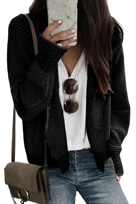 Black plaid contrast trim open front cardigan - cardigans