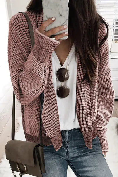 Black plaid contrast trim open front cardigan - peach blossom / s / 65% acrylic + 35% polyester - cardigans