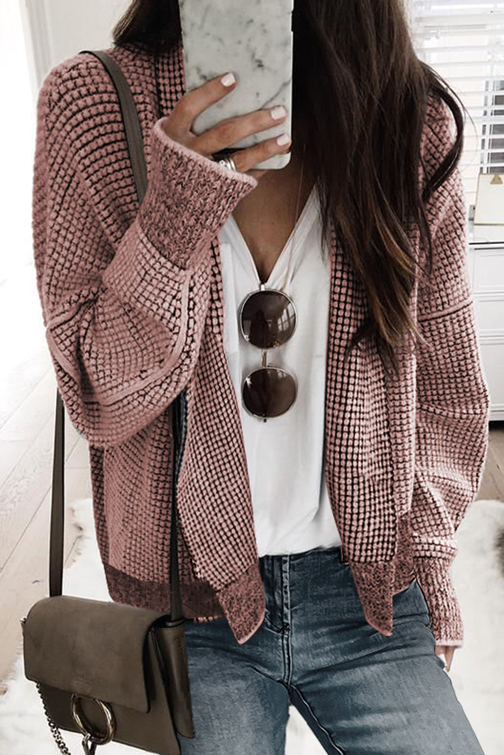 Black plaid contrast trim open front cardigan - peach blossom / s / 65% acrylic + 35% polyester - sweaters & cardigans