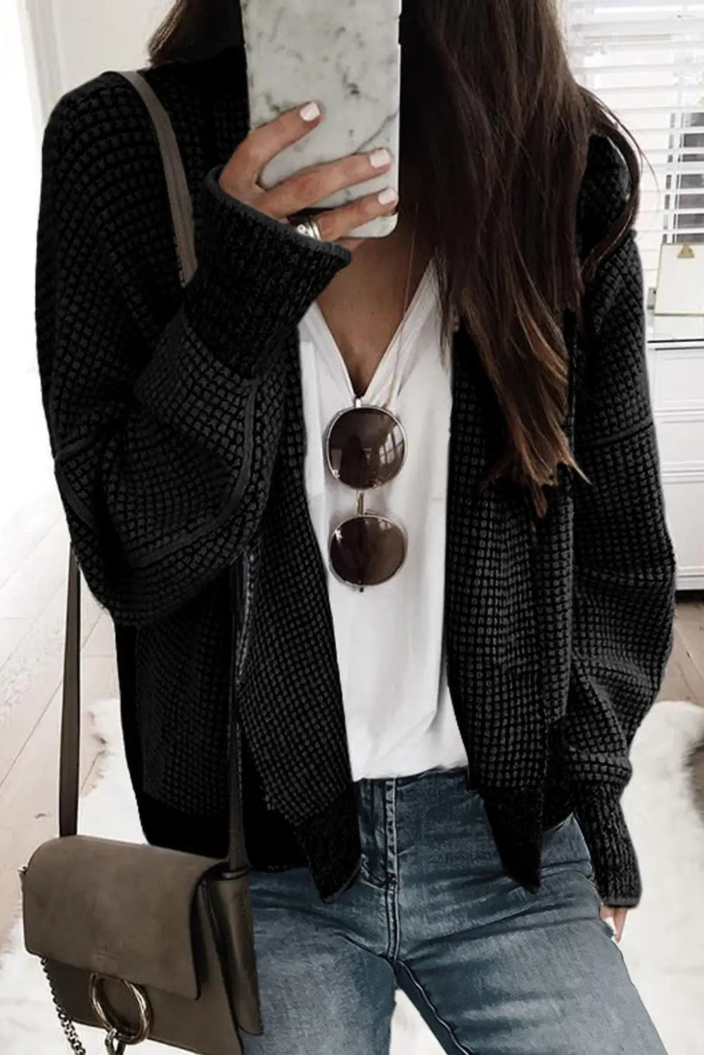 Black plaid contrast trim open front cardigan - s / 65% acrylic + 35% polyester - sweaters & cardigans