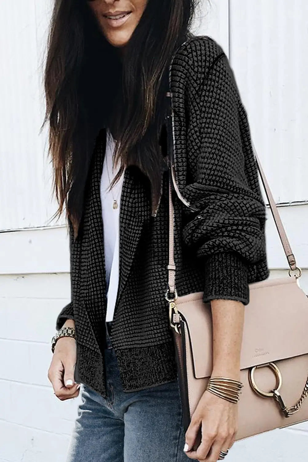 Black plaid contrast trim open front cardigan - sweaters & cardigans