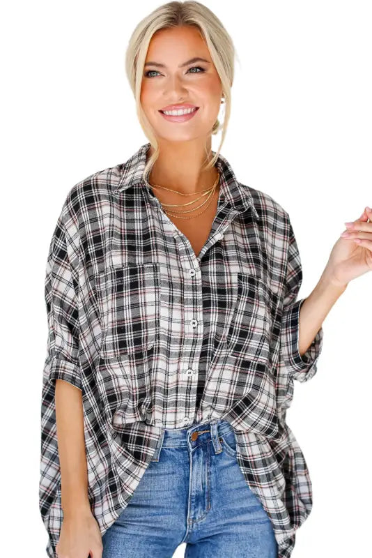 Black plaid print chest pockets oversize shirt - blouses & shirts