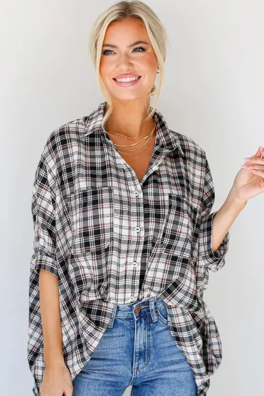 Black plaid print chest pockets oversize shirt - blouses & shirts