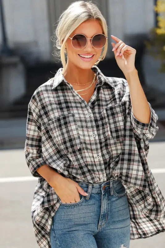 Black plaid print chest pockets oversize shirt - blouses & shirts