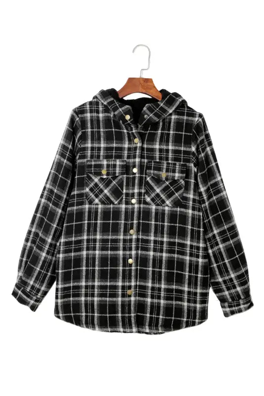 Jackets black plaid pattern sherpa lined hooded shacket