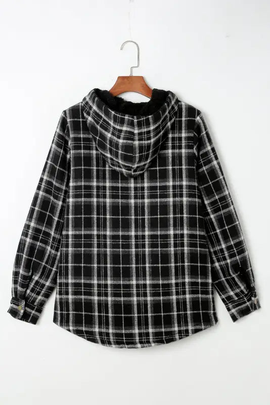 Jackets black plaid pattern sherpa lined hooded shacket