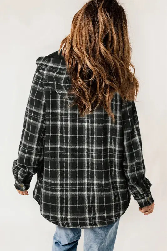 Jackets black plaid pattern sherpa lined hooded shacket