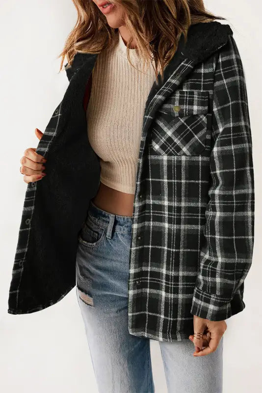 Jackets black plaid pattern sherpa lined hooded shacket