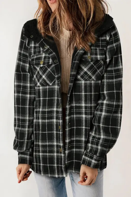 Jackets black plaid pattern sherpa lined hooded shacket