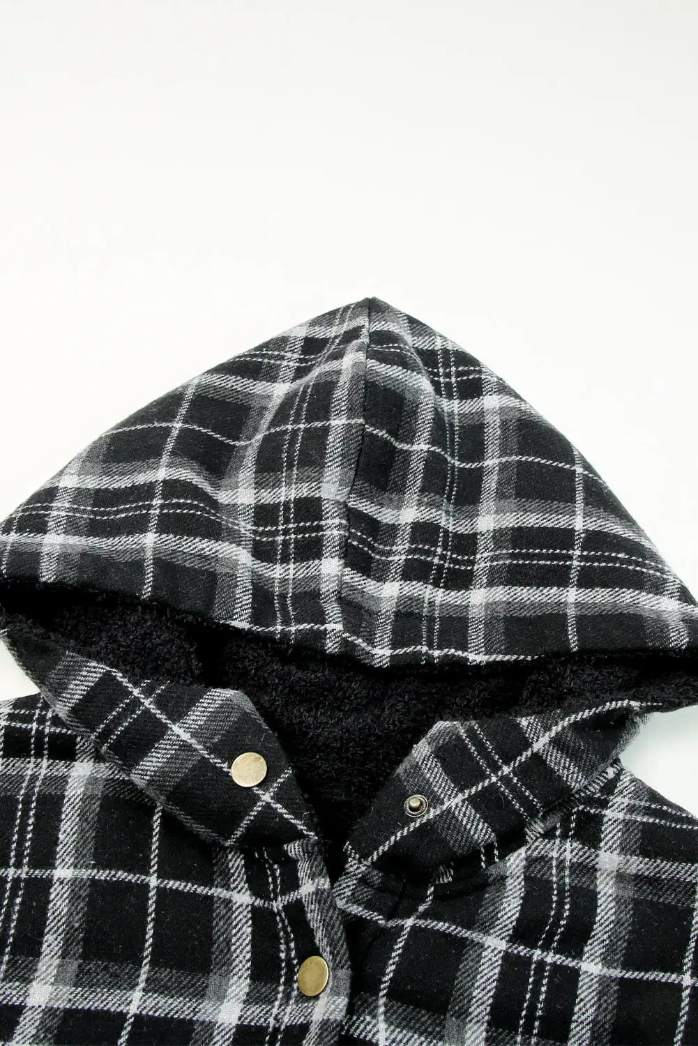 Black plaid pattern sherpa lined hooded shacket - shackets