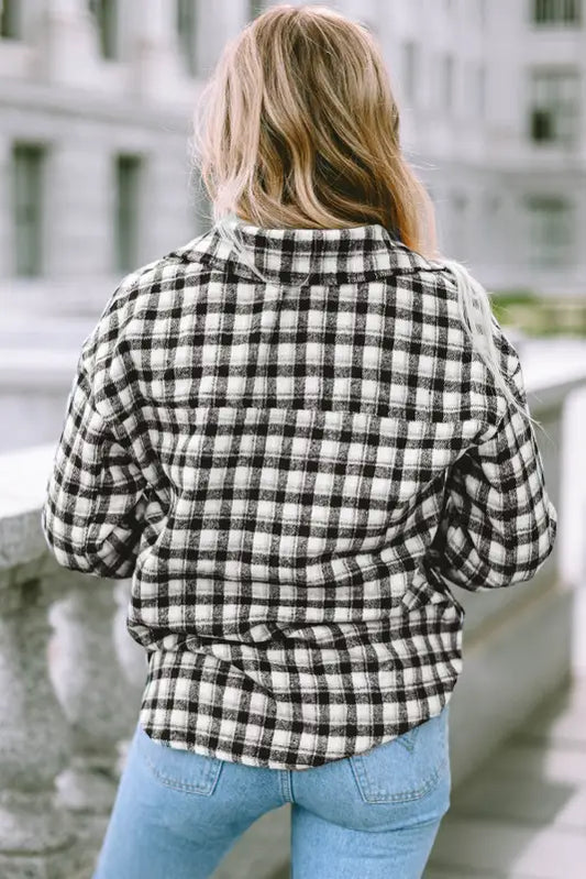 Jackets black plaid print chest pockets buttoned tunic