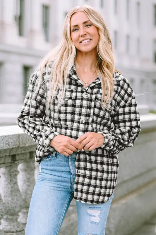 Jackets black plaid print chest pockets buttoned tunic