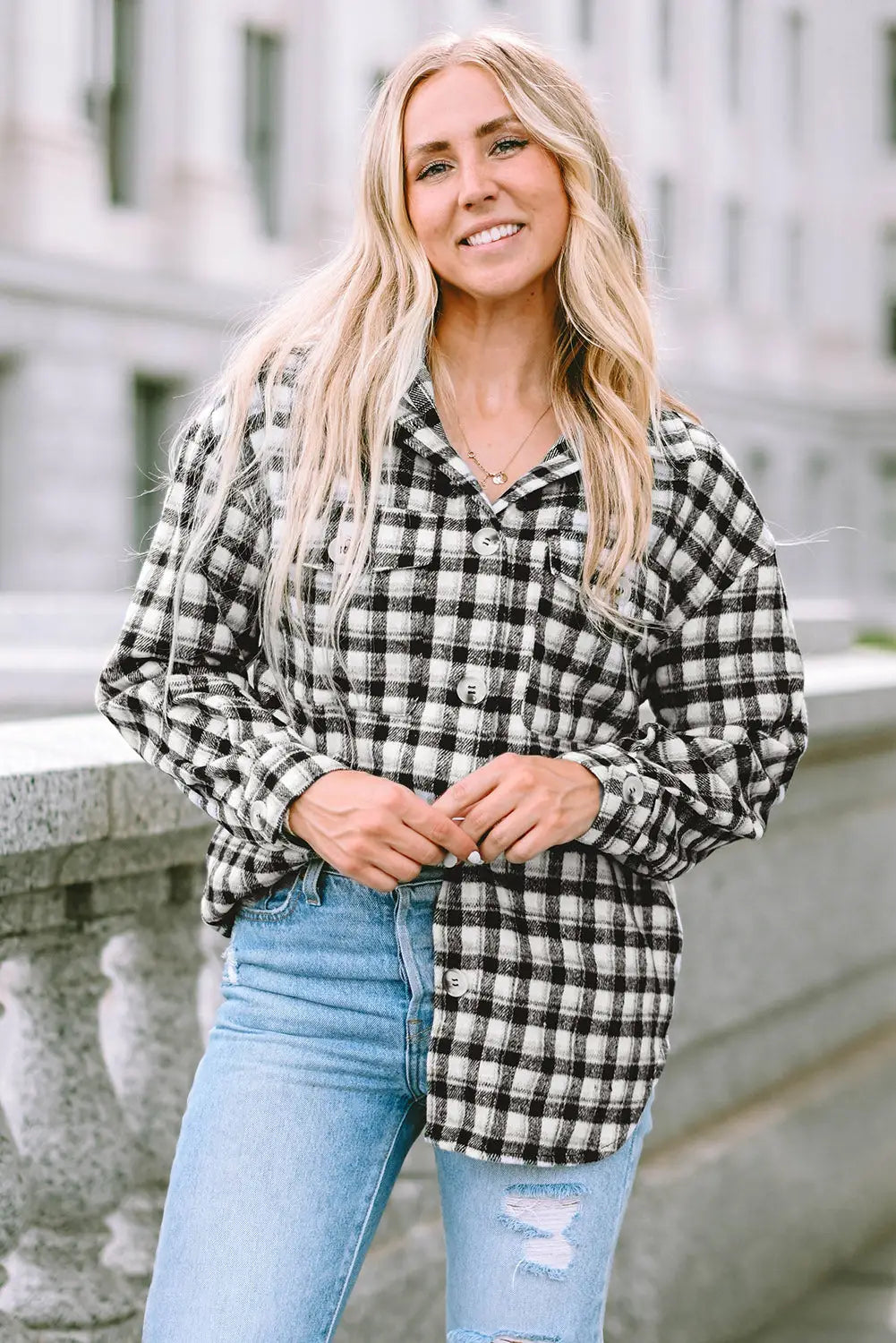 Black plaid print chest pockets buttoned tunic shacket - s /