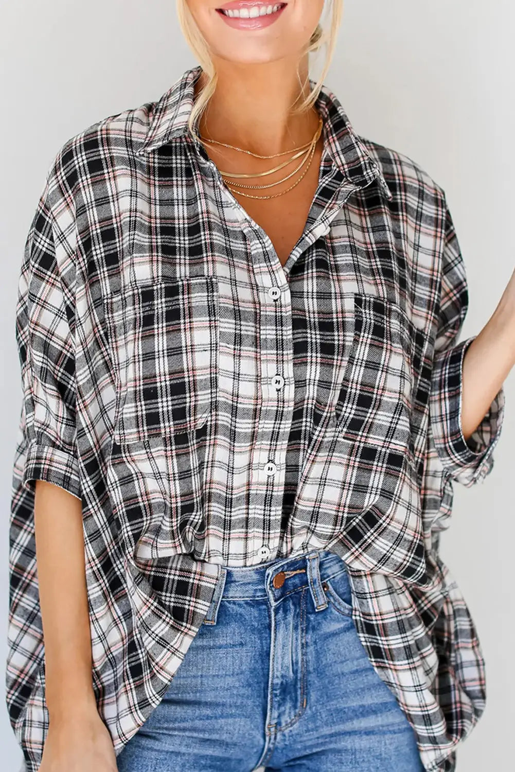 Black plaid print chest pockets oversize shirt - l / 65% polyester + 35% cotton - blouses & shirts