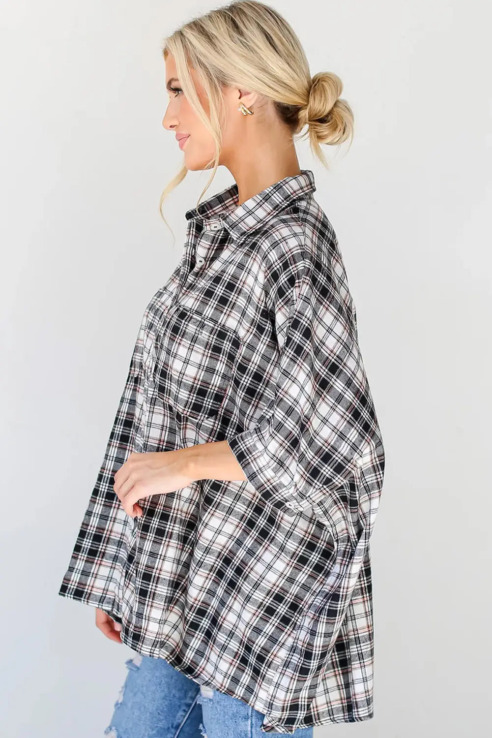 Black plaid print chest pockets oversize shirt - blouses & shirts