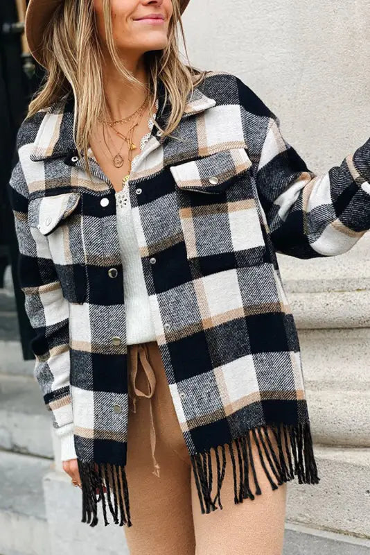 Black plaid snap button pocket fringed hem jacket - outerwear