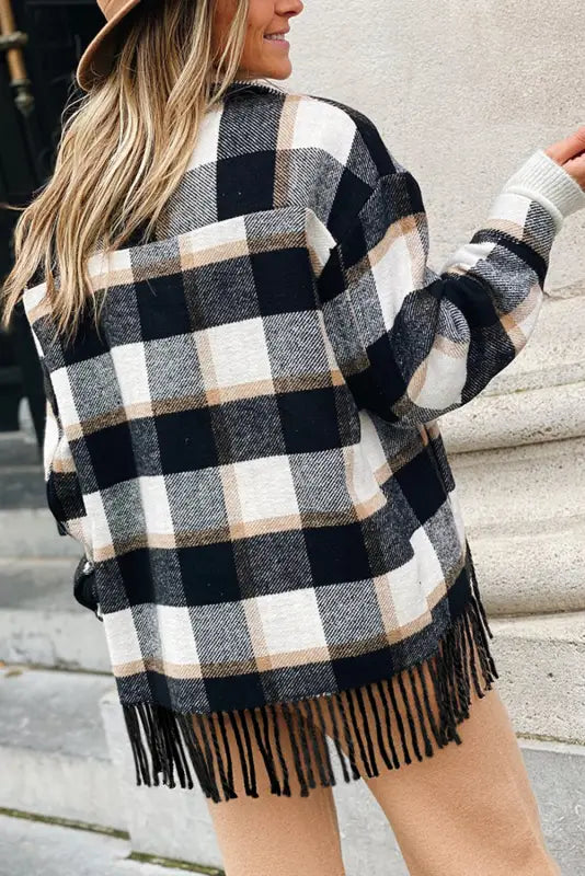 Black plaid snap button pocket fringed hem jacket - outerwear