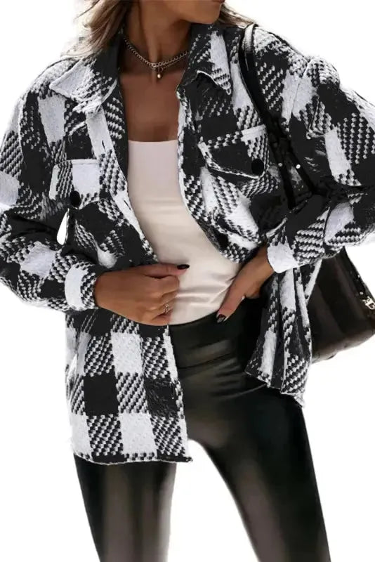 Black Plaid Textured Flap Pocket Shacket - Fashionfitz