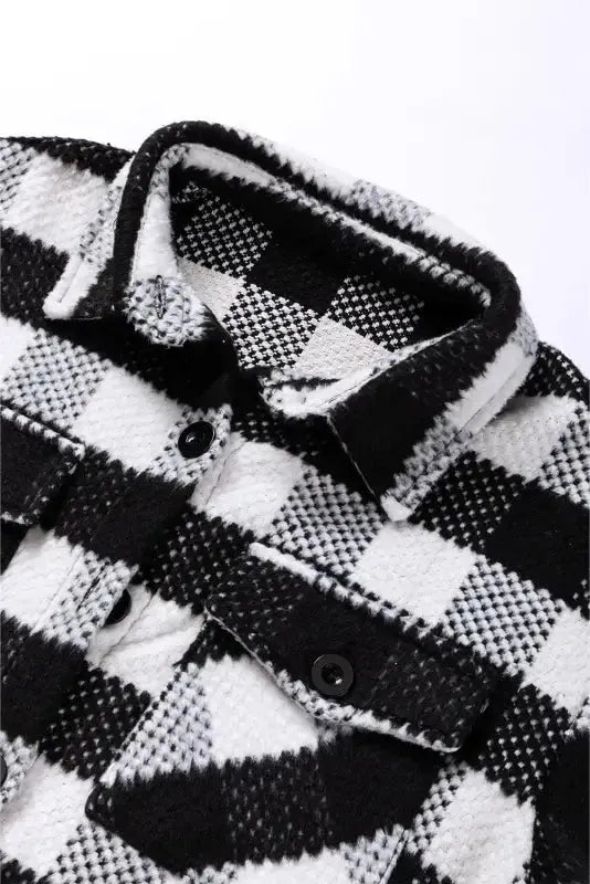 Black Plaid Textured Flap Pocket Shacket - Fashionfitz
