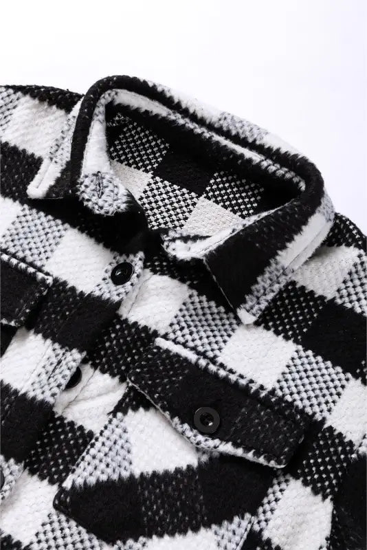 Black plaid textured flap pocket shacket - outerwear