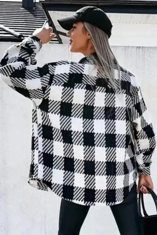Rear view of black plaid shacket for winter outfits highlighting relaxed fit and cozy texture for daily winter wear.
