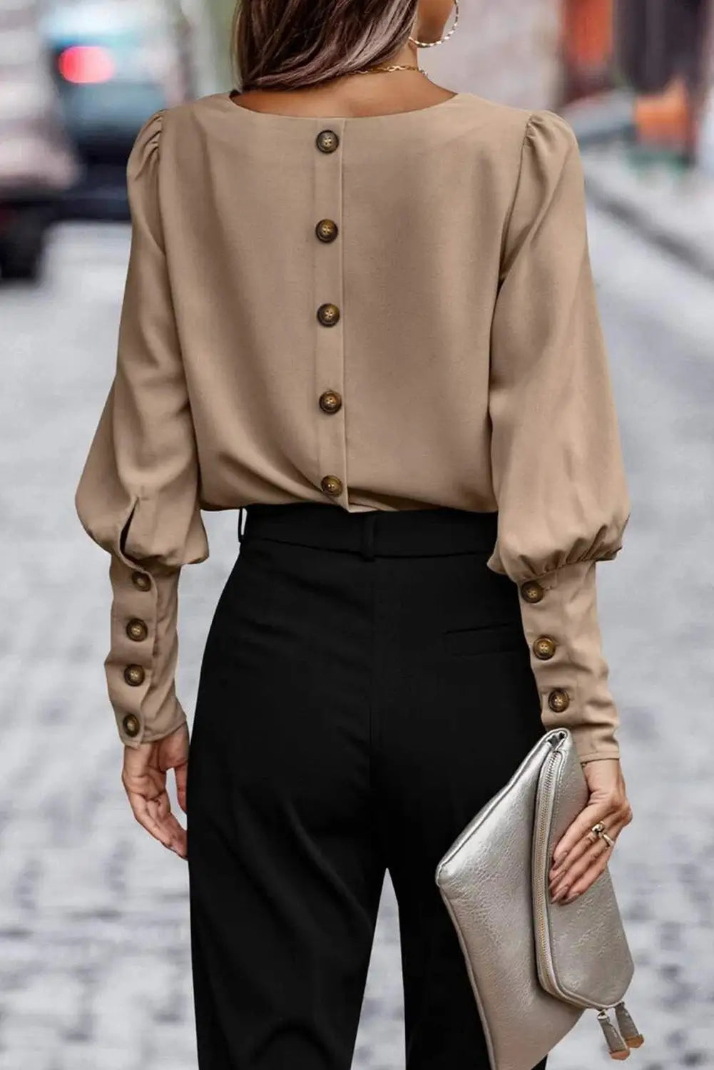 Black plain button back cuffed puff sleeve blouse - blouses & shirts