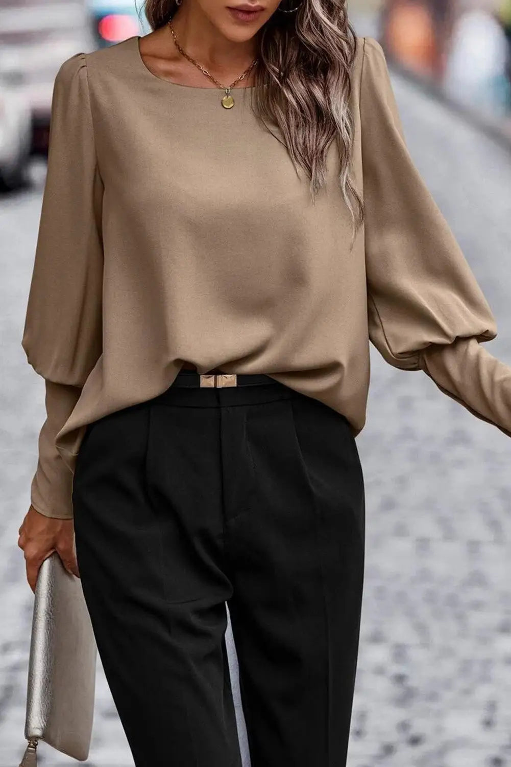 Black plain button back cuffed puff sleeve blouse - blouses & shirts