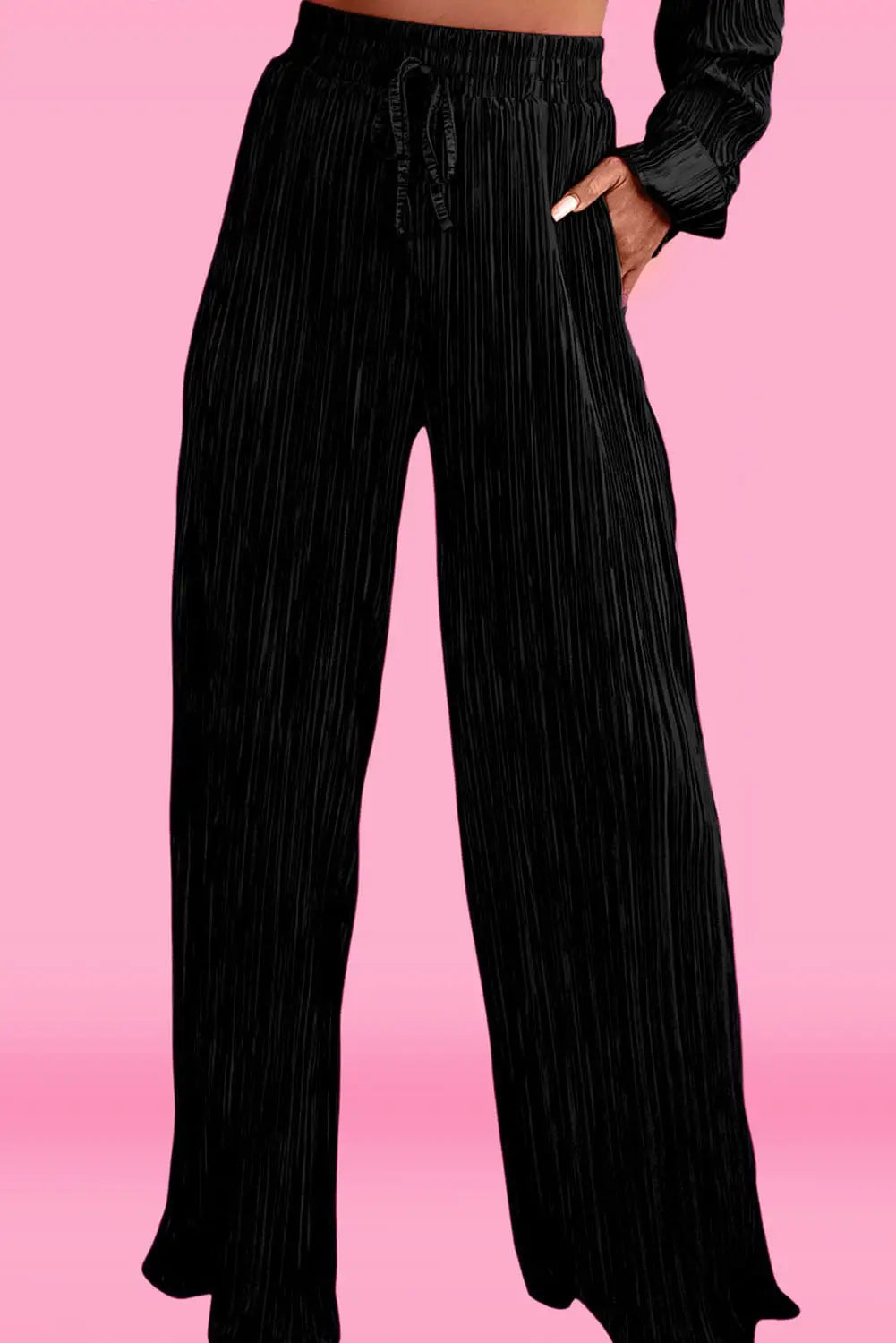 Black pleated long sleeve shirt and wide-leg pants set - loungewear