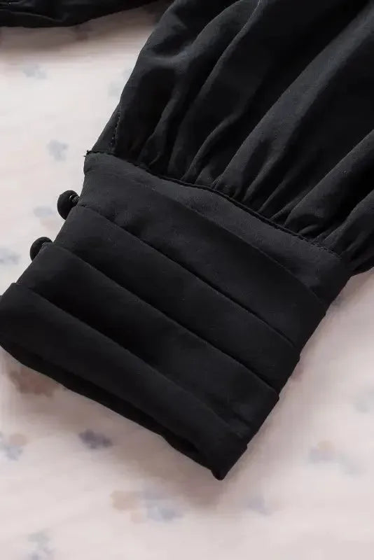 Black Pleated Loose Blouse - Padded Shoulder Buttoned Cuffs - Fashionfitz