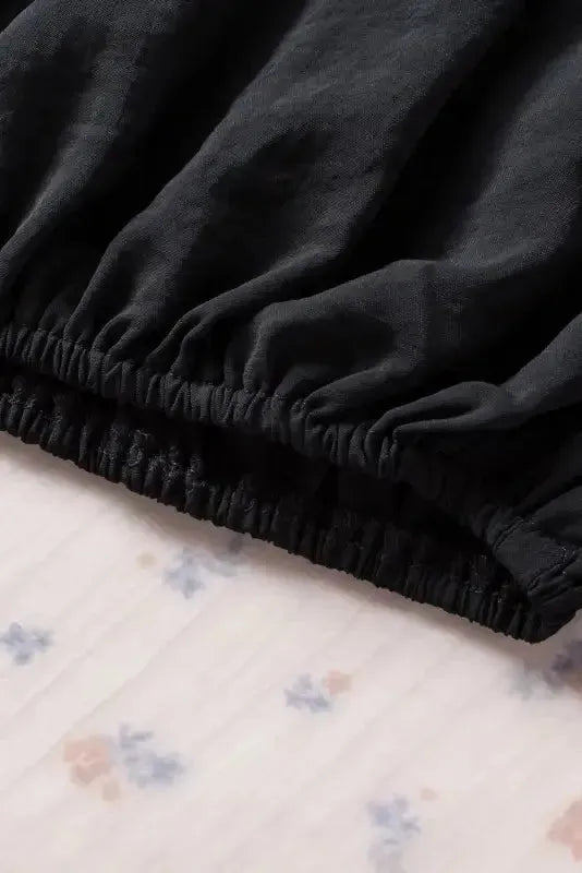Black Pleated Loose Blouse - Padded Shoulder Buttoned Cuffs - Fashionfitz