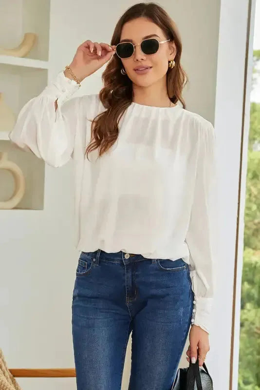 Black Pleated Loose Blouse - Padded Shoulder Buttoned Cuffs - Fashionfitz