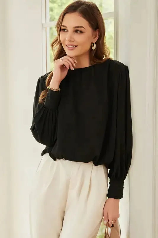Black Pleated Loose Blouse - Padded Shoulder Buttoned Cuffs - Fashionfitz