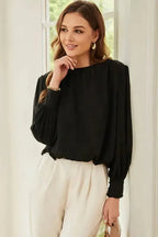 Black Pleated Loose Blouse - Padded Shoulder Buttoned Cuffs - Fashionfitz