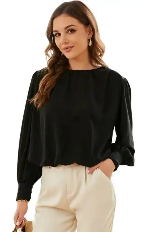 Black Pleated Loose Blouse - Padded Shoulder Buttoned Cuffs - Fashionfitz