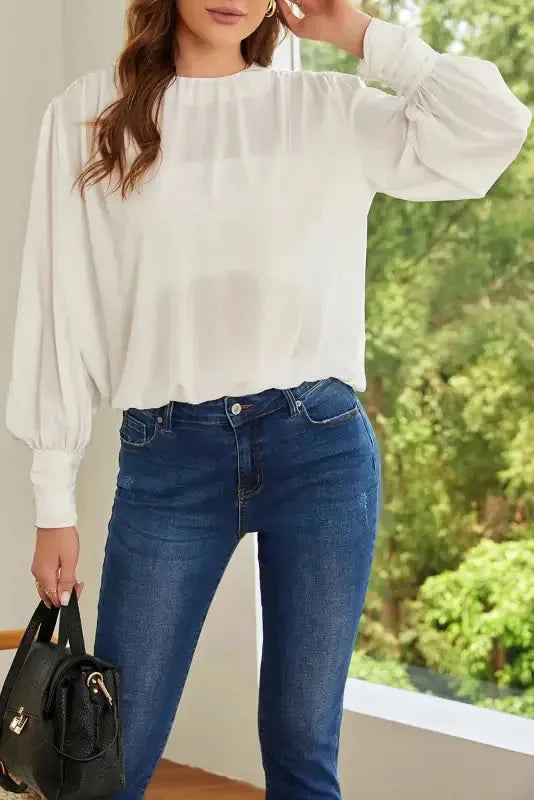 Black Pleated Loose Blouse - Padded Shoulder Buttoned Cuffs - Fashionfitz