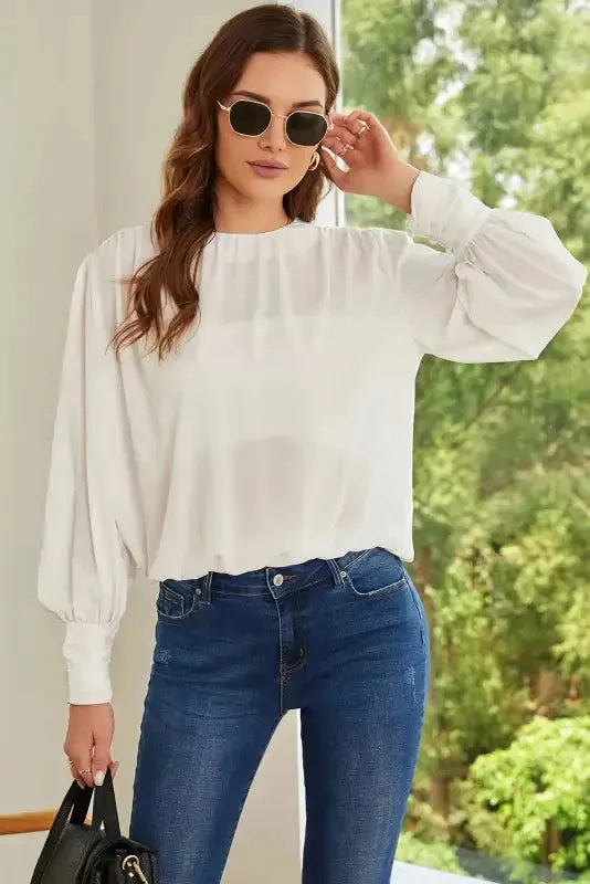 Black Pleated Loose Blouse - Padded Shoulder Buttoned Cuffs - Fashionfitz