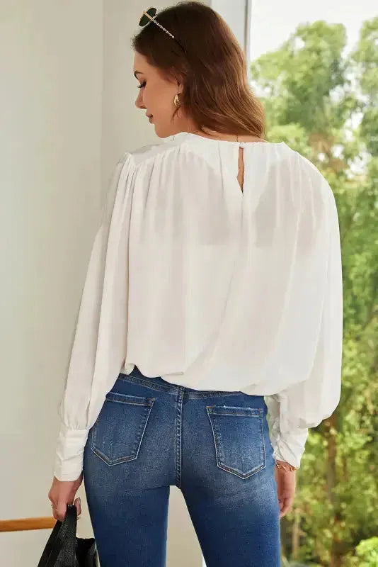 Black Pleated Loose Blouse - Padded Shoulder Buttoned Cuffs - Fashionfitz